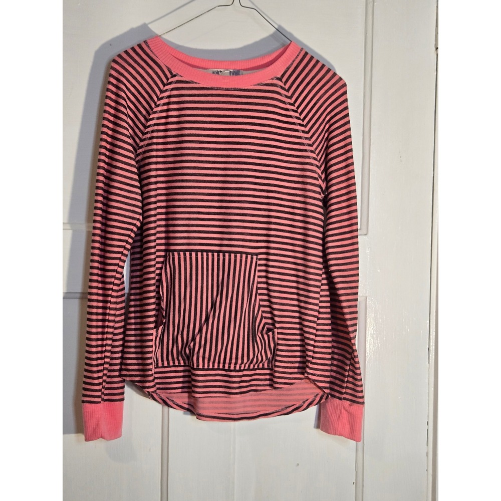Jolt Pink Black Striped Long Sleeve Top Kangaroo Pocket Crew Neck Medium